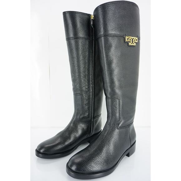Tory Burch Joanna Black Leather Gold Logo Riding Boots Size 5.5 Heels NIB $495 - Picture 2 of 9